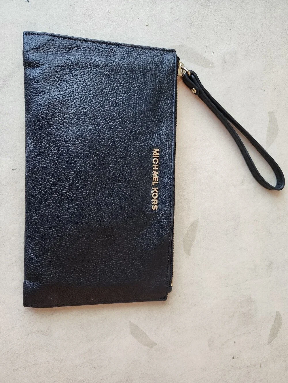 Michael Kors Black Pebbled Leather Wristlet with Gold Logo